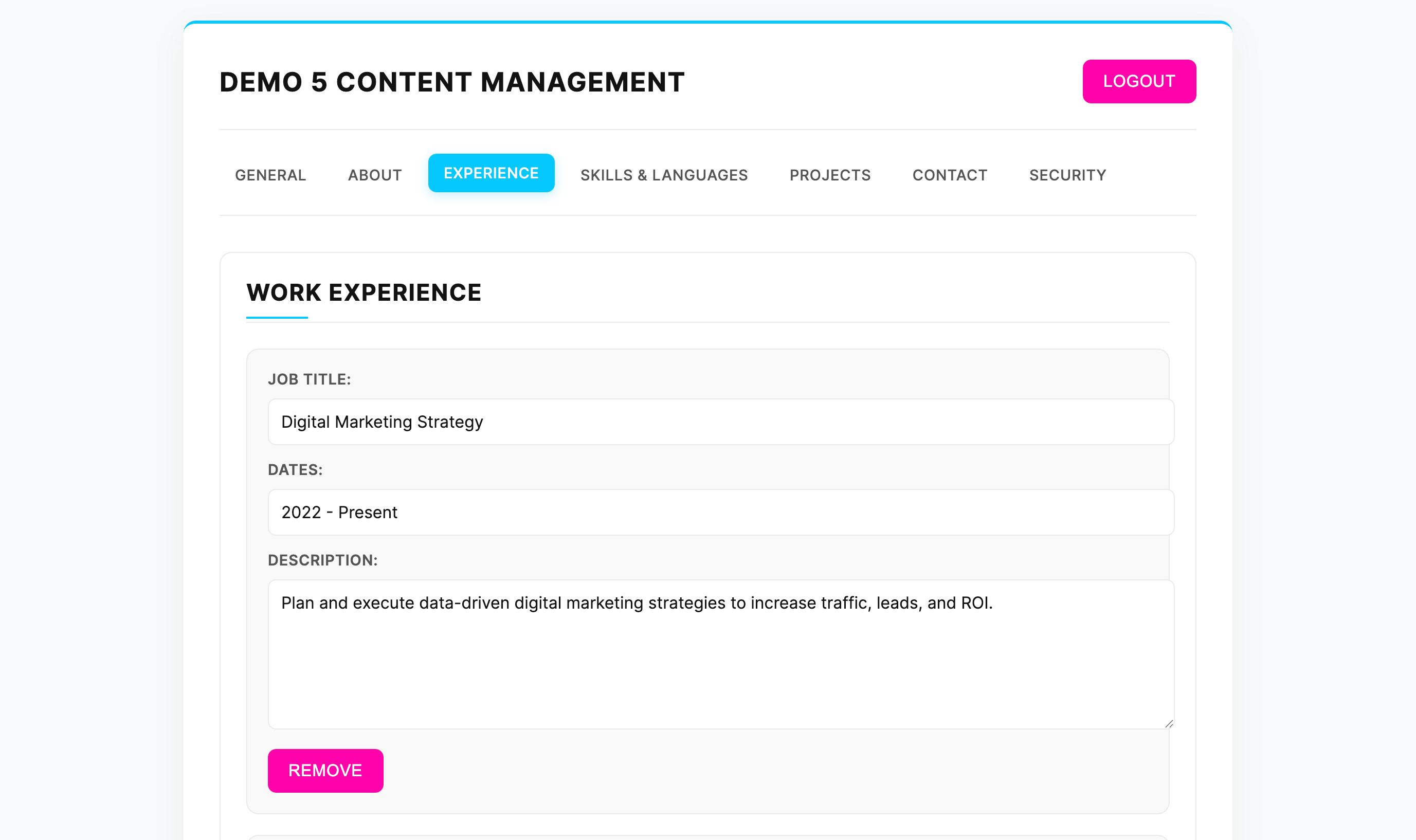Control Panel Experience Section