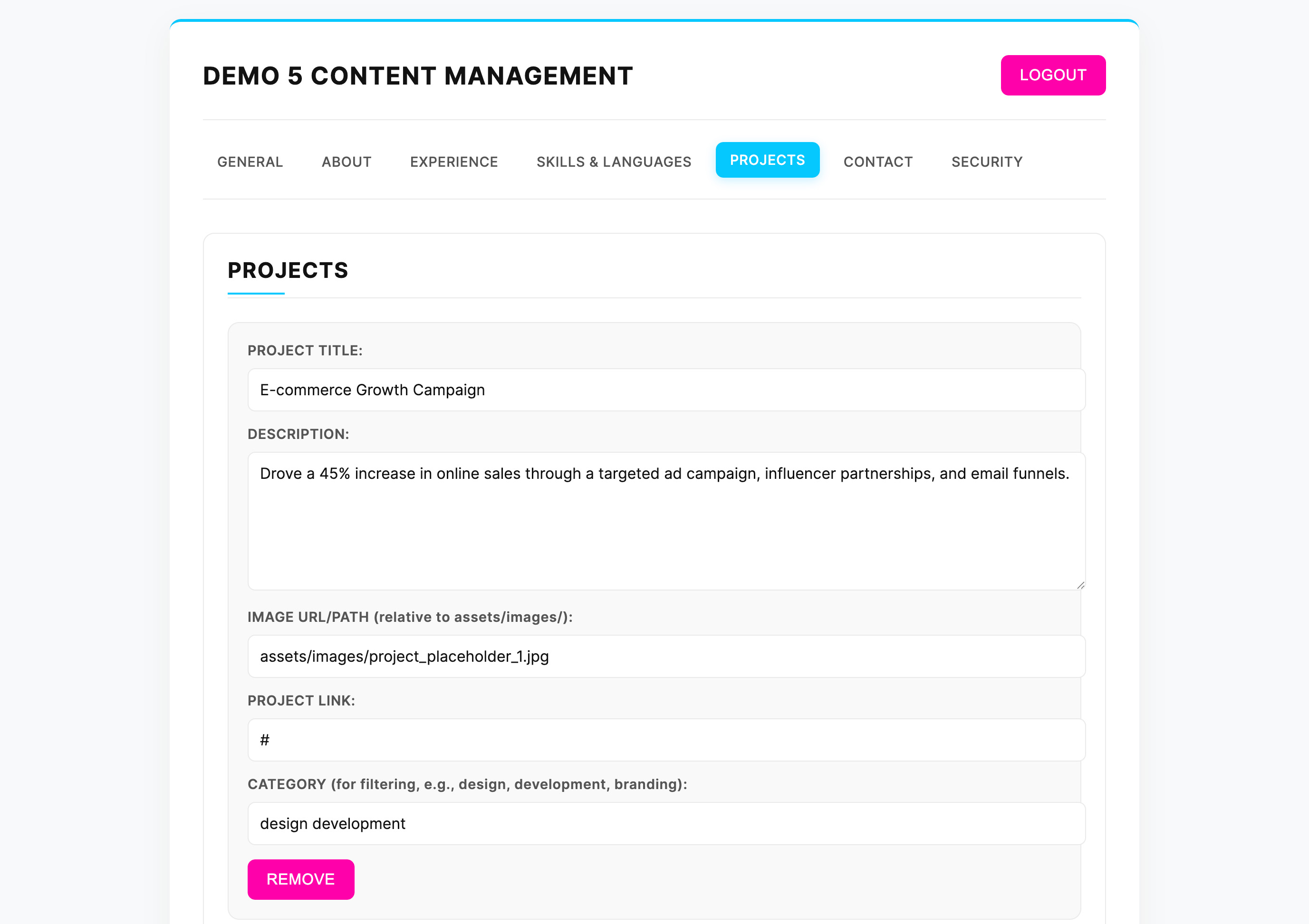 Control Panel Projects Section